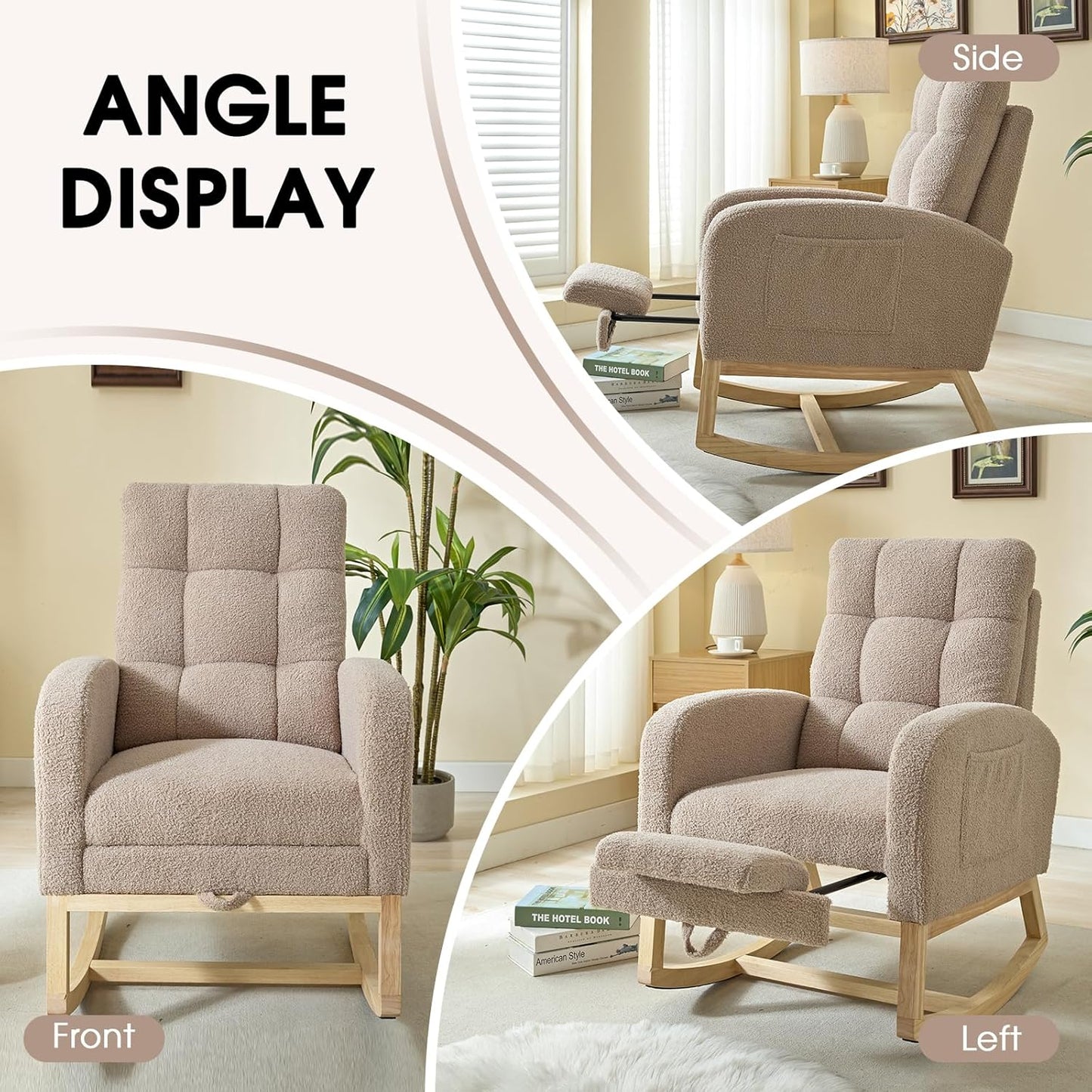 NIOIIKIT Modern Nursery Rocking Chair, Teddy Upholstered Rocking Chair with Footrest, Comfortable Rocker Recliner with Side Pocket, Rocker Glider for Living Room, Bedroom, Nursing Room (Apricot)