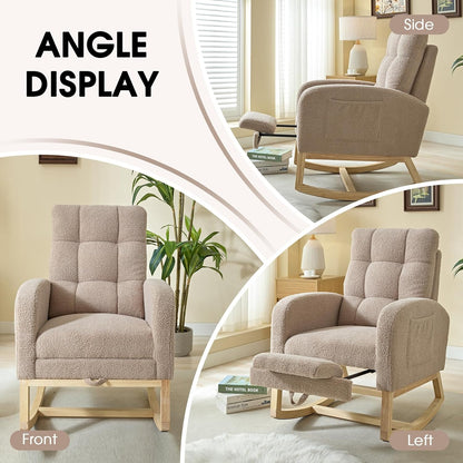 NIOIIKIT Modern Nursery Rocking Chair, Teddy Upholstered Rocking Chair with Footrest, Comfortable Rocker Recliner with Side Pocket, Rocker Glider for Living Room, Bedroom, Nursing Room (Apricot)