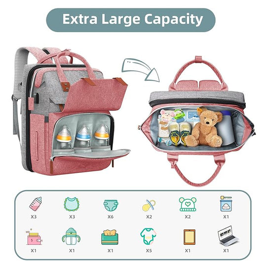 ISMGN Diaper Bag Backpack with Changing Station, Large Diaper Bag, Baby Bag with Changing Station, Pink Diaper Bag, Pinkgray