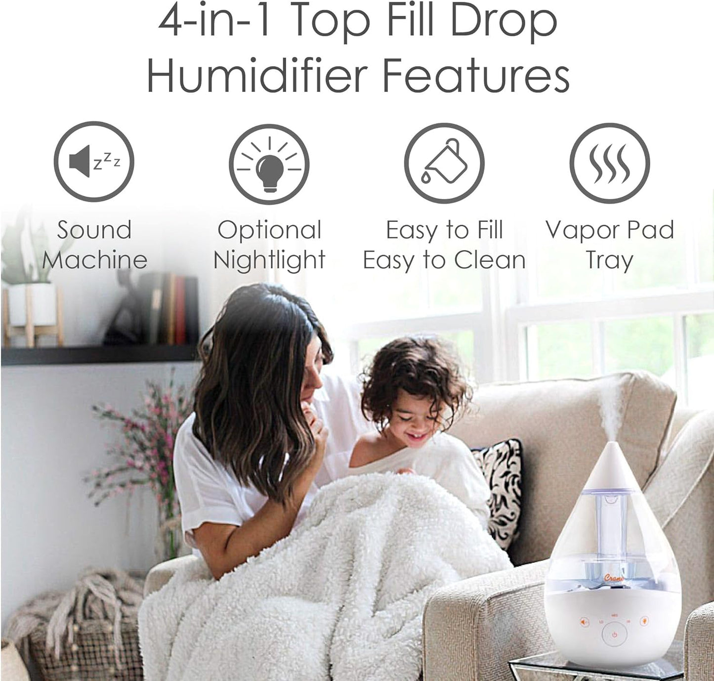 Crane 4-in-1 Drop 2.0 Ultrasonic Cool Mist Humidifier with Sound Machine, Night Light, Aroma Tray, 1 Gallon Top Fill, Blue & White