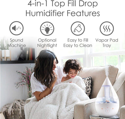Crane 4-in-1 Drop 2.0 Ultrasonic Cool Mist Humidifier with Sound Machine, Night Light, Aroma Tray, 1 Gallon Top Fill, Blue & White