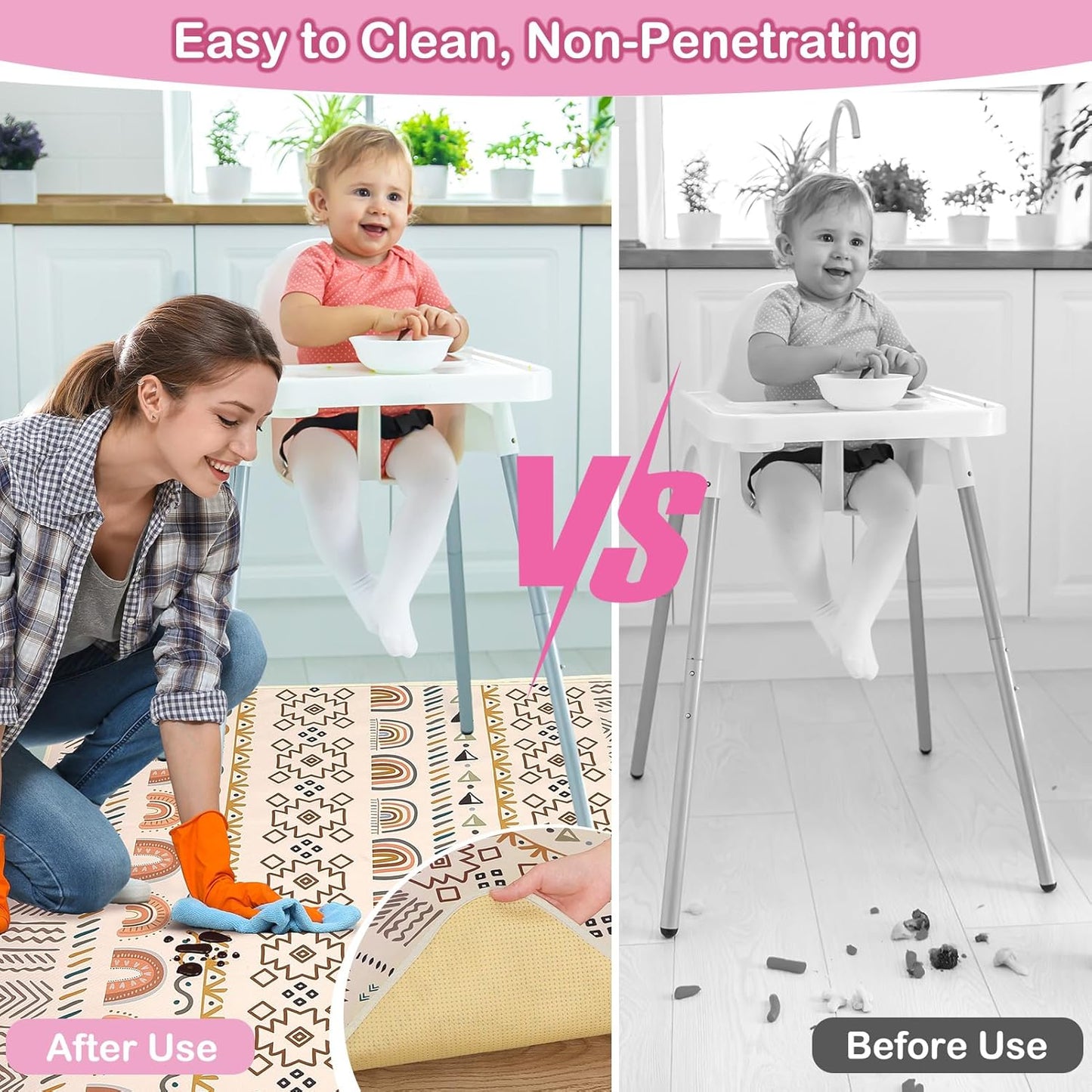 Basumee Splat Mat High Chair Mat Waterproof Baby Play Splat Mat for Under High Chair Food Catcher Highchair Mat for Floor Non Slip Bottom, Pink Rainbow, 46x42 Inches