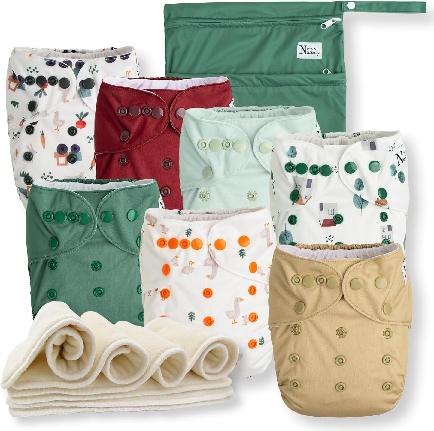 Nora's Nursery Cloth Diapers 7 Pack with 7 Inserts & 1 Wet Bag - Waterproof Cover, Washable, Reusable & One Size Adjustable Pocket Diapers for Newborns and Toddlers - Delilah