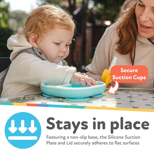 Nuby Silicone Round Suction Plate with Lid - Dishwasher-Safe Baby and Toddler Plate - 6+ Months - Aqua and Coral - Back to School Essentials
