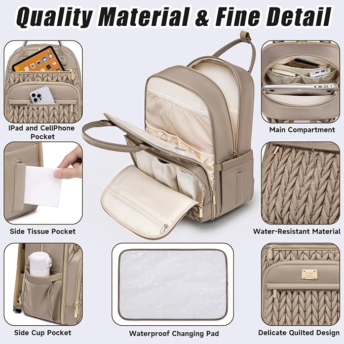 Tealari Diaper Bag Backpack,Stylish Baby Diaper Bag,Waterproof Travel Diaper Backpacks Baby Bags with Changing Pad,Stroller Straps,Insulated Pockets (Khaki)