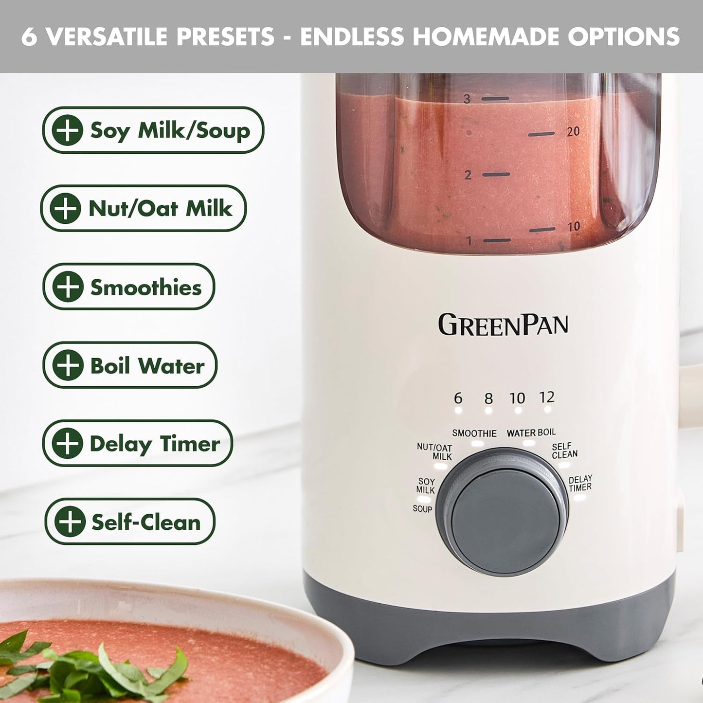 GreenPan 30oz Nut Milk Maker Machine, 15-in-1 for Homemade Almond, Oat, Soy, Coconut, Plant-Based Non-Dairy Beverages, Soups, BPA-Free Glass, Automatic Self-Clean, Delay Start, Pink