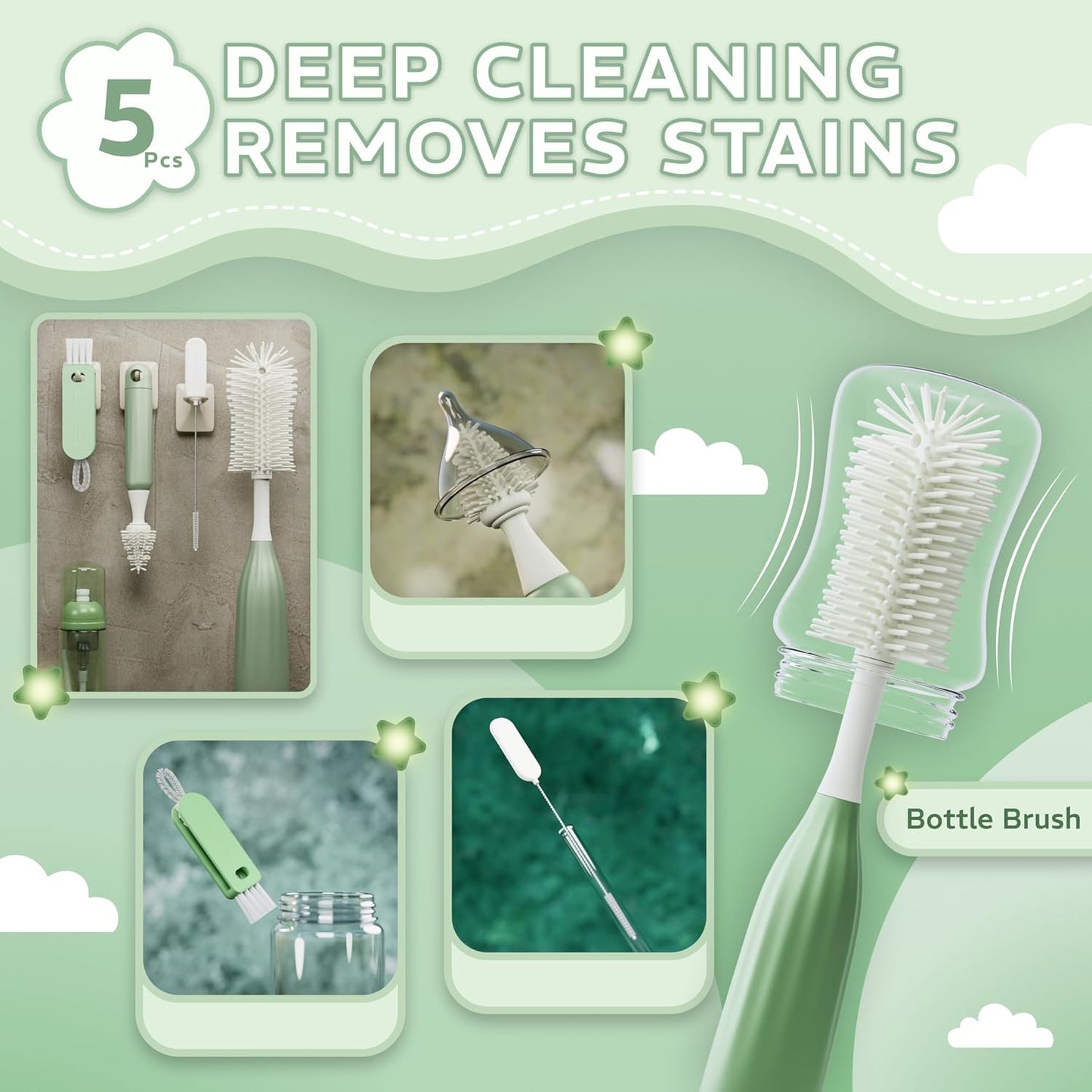 Bottle Cleaning Kit – BPA Free Brush Set, 6 in 1 Travel Bottle Cleaner Kit with Silicone Brushes for Bottle, Breast Pump, Straw, Nipple - Portable Bottle Washing Kit