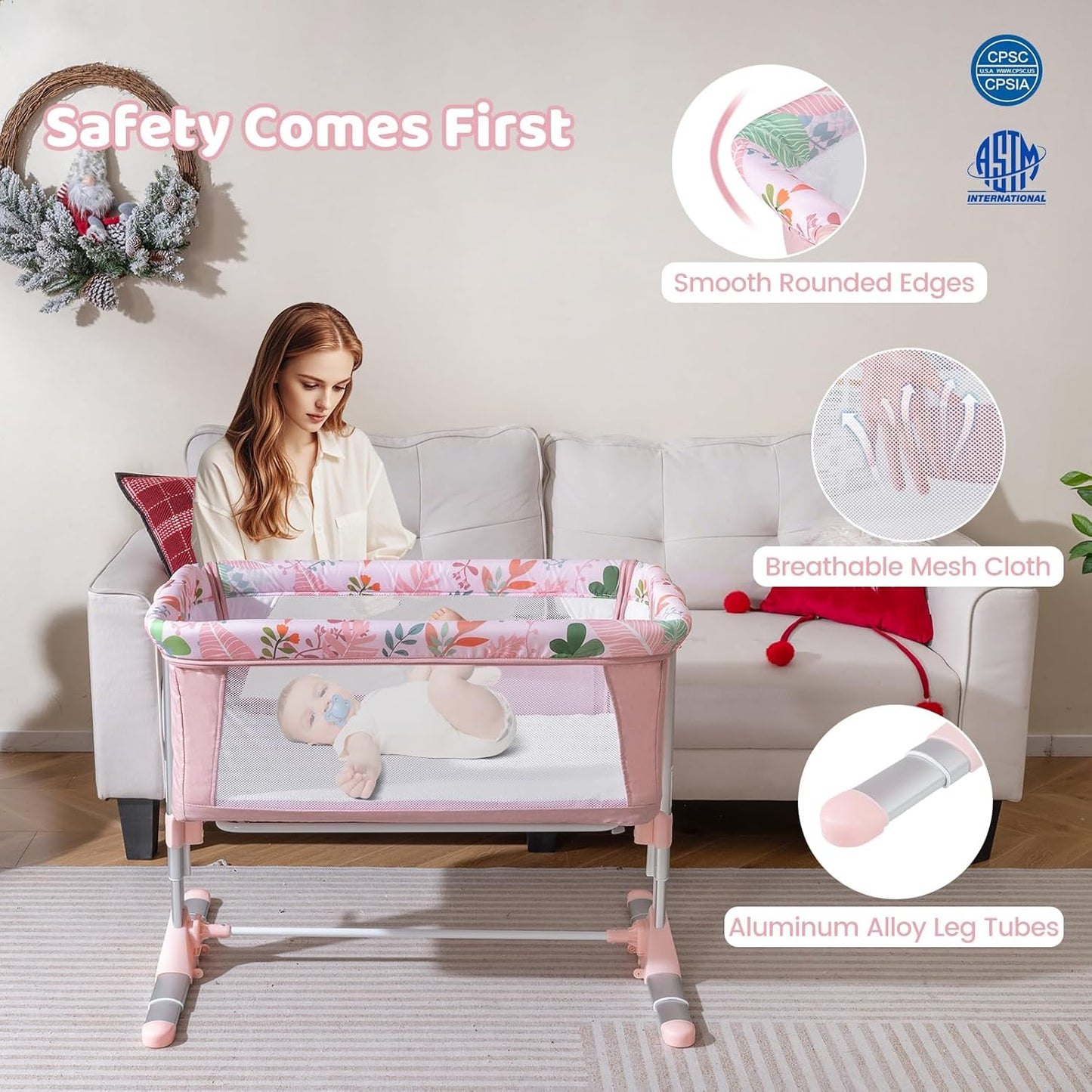 BABY JOY Baby Bedside Crib, Portable Travel Sleeper Bed Side Bassinet w/Carrying Bag, Newborn Bassinet to Infant, Kids Crib with Detachable Mattress, Height Adjustable Design, Breathable Mesh, Grey