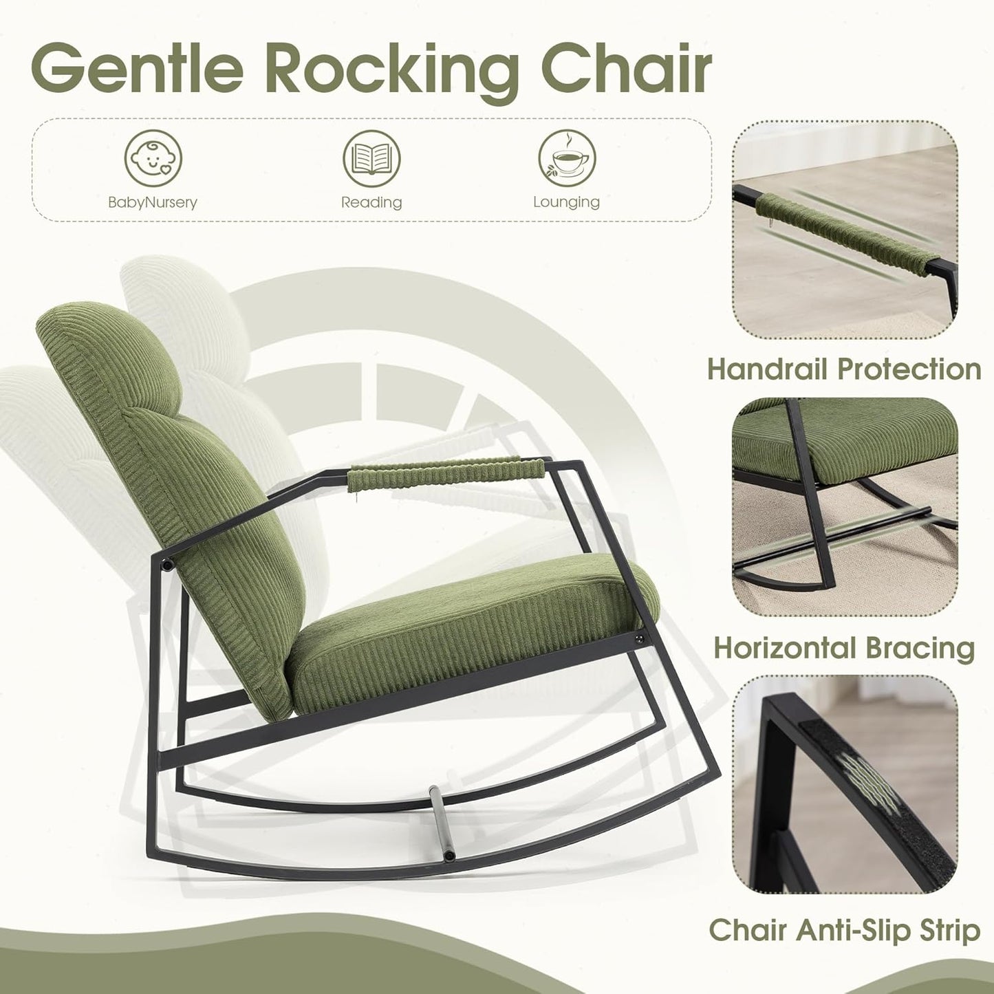 HOMEFUN Nursery Rocking Chair,Patio Rocking Chair,Upholstered Glider Rocker with Padded Seat and High Backrest Safe and Comfy Armchair for Living Room Office,Front Porch, Garden, Patio, Backyard Cream