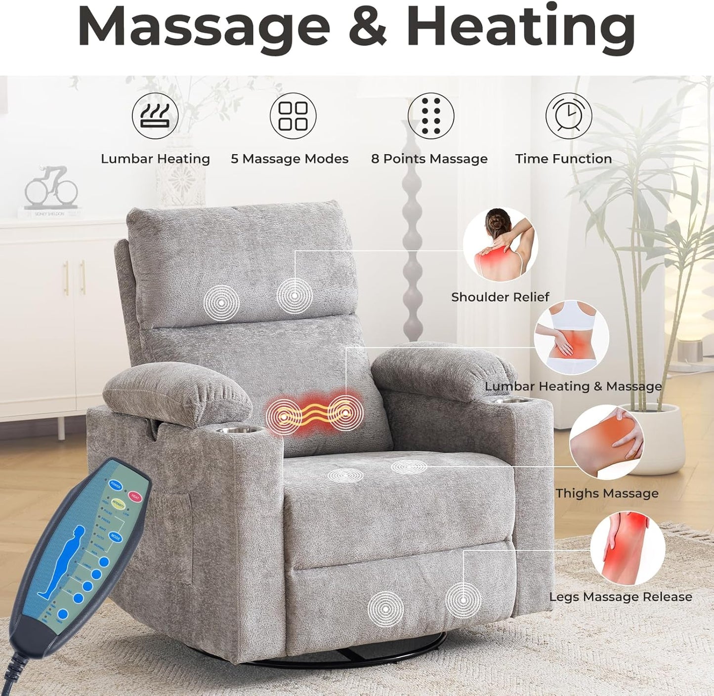 Rocking Chair Nursery with Adjustable Armrests, Electric Glider Recliner Nursing Chair for Breastfeeding, Power Swivel Recliner Chairs with Massage and Heat, Adjustable Headrest , FSC Certified, White