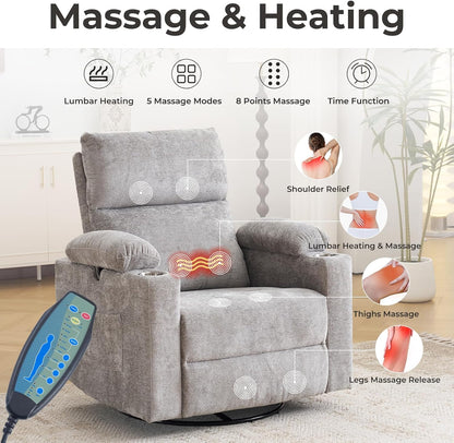 Rocking Chair Nursery with Adjustable Armrests, Electric Glider Recliner Nursing Chair for Breastfeeding, Power Swivel Recliner Chairs with Massage and Heat, Adjustable Headrest , FSC Certified, White
