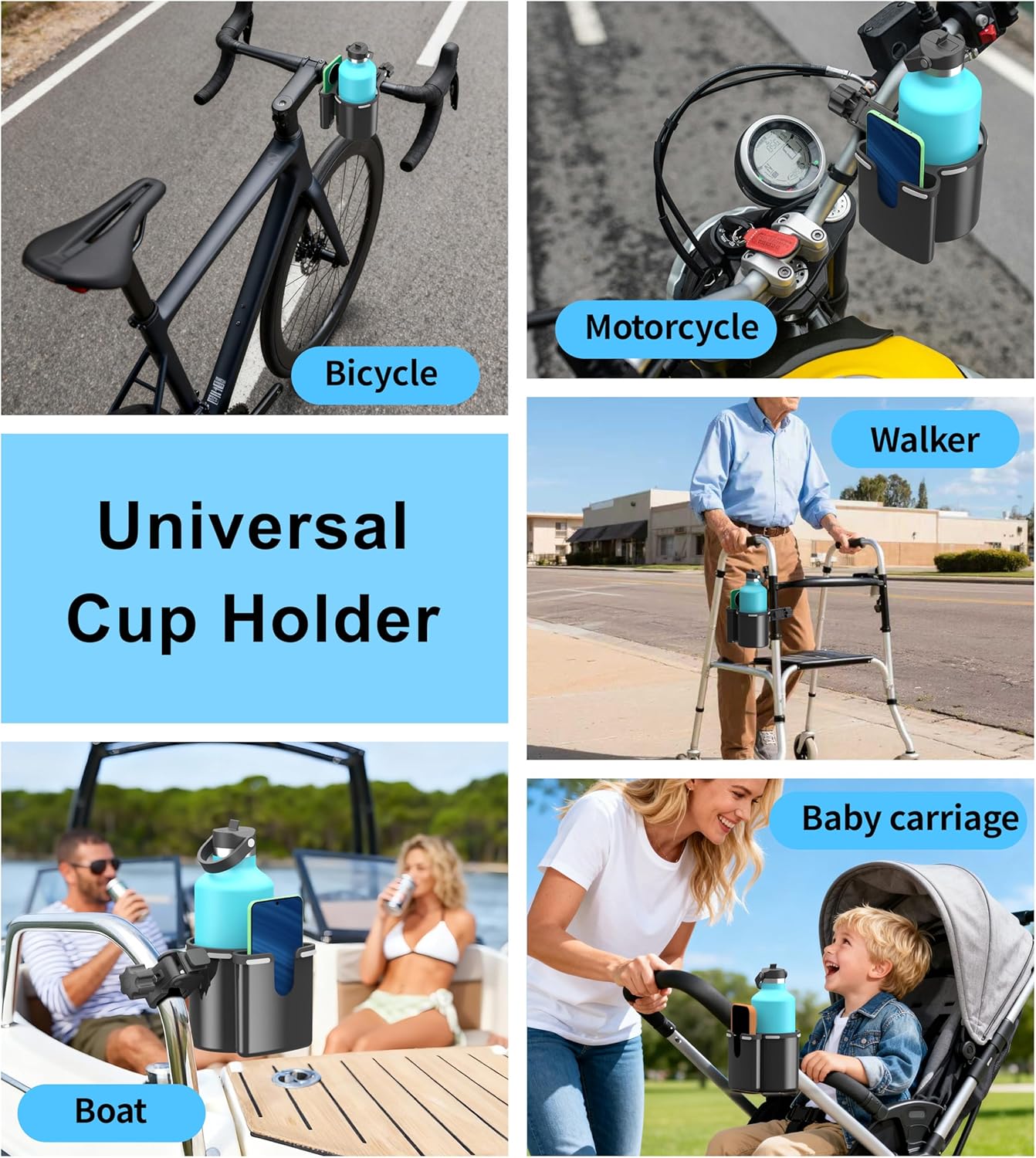 Universal Clamp-on 2-in-1 Cup Holder & Phone Holder for Stroller, Walker, Wheelchair, Fits 12oz-40oz Drinks, Multifunctional Storage Organizer