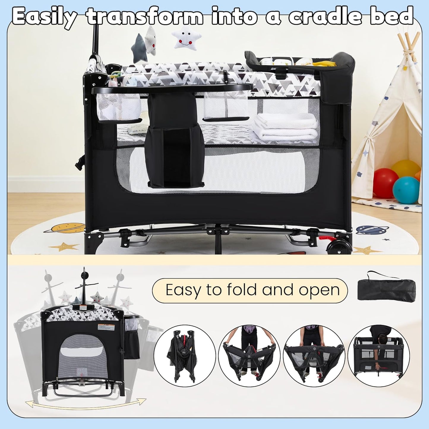 5-in-1 Baby Bassinet Bedside Sleeper with Swing Tube Converts to Cradle, Baby Crib with Mattress, Detachable Diaper Changer, Mosquito Net and Toy - Black