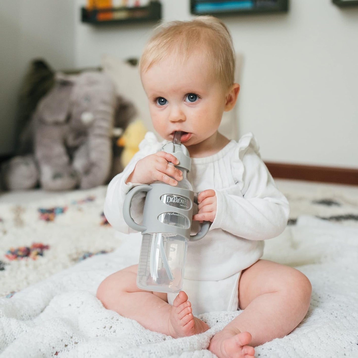 Dr. Brown's Milestones Narrow Sippy Straw Bottle, Spill-Proof with 100% Silicone Handles and Weighted Straw, 8 oz/250 mL, Blue/Gray, 6m+