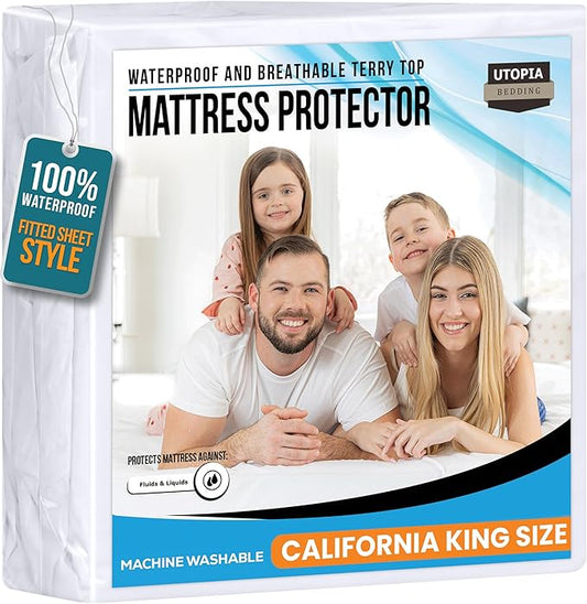 California King Size Mattress Protector Waterproof, Premium 200 GSM Terry Mattress Cover, Soft & Breathable Bed Cover, Fitted Sheet Style Stretchable Deep Pockets 17" by Utopia Bedding (White)