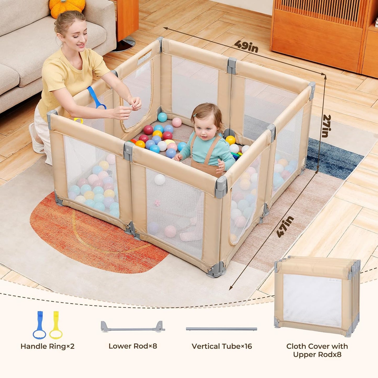 Dripex Baby Playpen, 47"x47" Small Playpen for Babies, Enhanced Safety Baby Play Yard for Indoor & Outdoor, Infant Play Pen with Soft Breathable Visible Mesh, Anti-Fall Design & Easy Setup, Grey