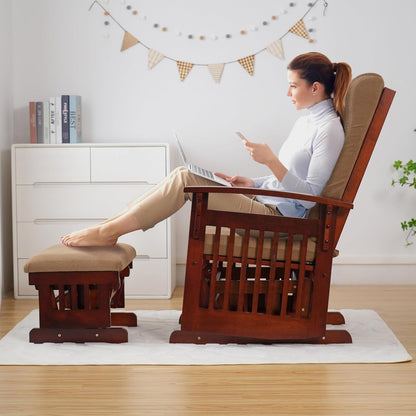 Rustic Rubber Wood Glider and Ottoman Set, Nursery Glider Chair for Breastfeeding and Relaxing, Comfortable Rocking Chair for Living Room and Bedroom（Tan）