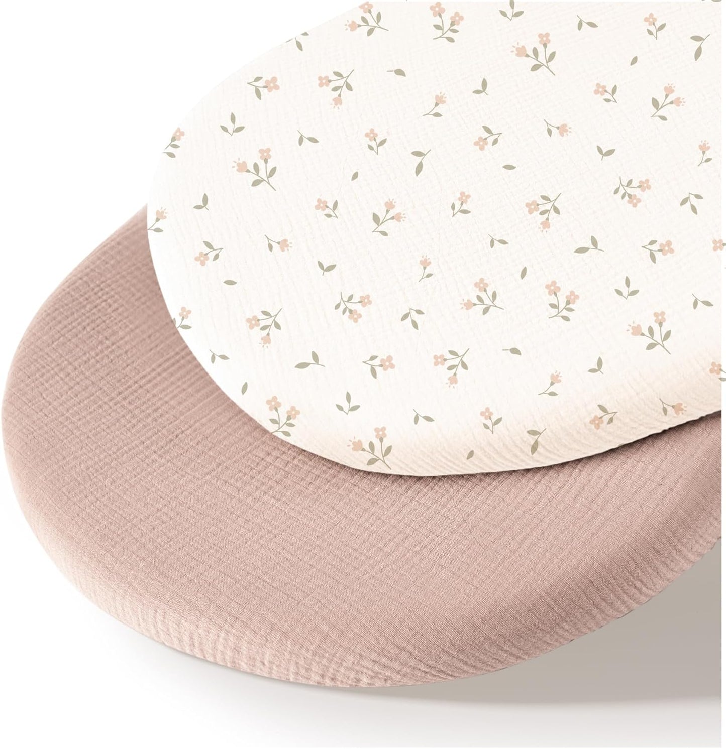 MairMore 2 Pack Muslin Fitted Bassinet Sheets for Babies, Soft & Breathable 100% Cotton Bedside Sleeper Bassinet Sheet, Moses Basket Oval Rectangle Pad/Mattress (Pink Blossom)
