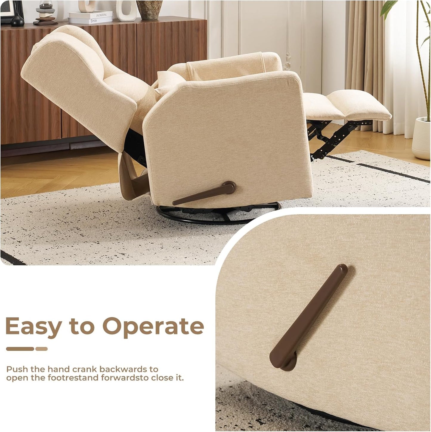 Large Glider Rocker Recliner,Rocking Chair Nursery with Adjustable Headrest,Swivel Rocker Recliner with Lumbar Support,Manual Nursery Rocker Recliner for Living Room& Bedroom,Chenille White