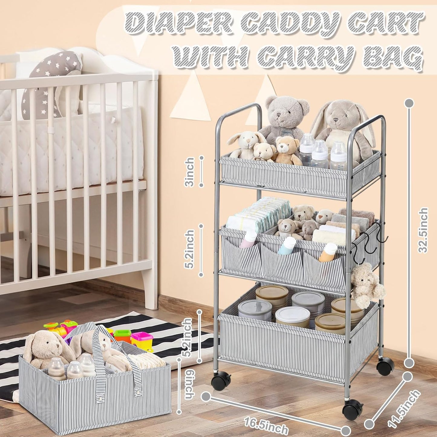WILLBOND 2in1 Baby Diaper Caddy Organizer Cart, 3 Tier Large Capacity Metal Utility Bedside Rolling Cart with Divider for Newborn Registry Nursery Essential Must Have Gift Baby Shower Bedroom(Pink)