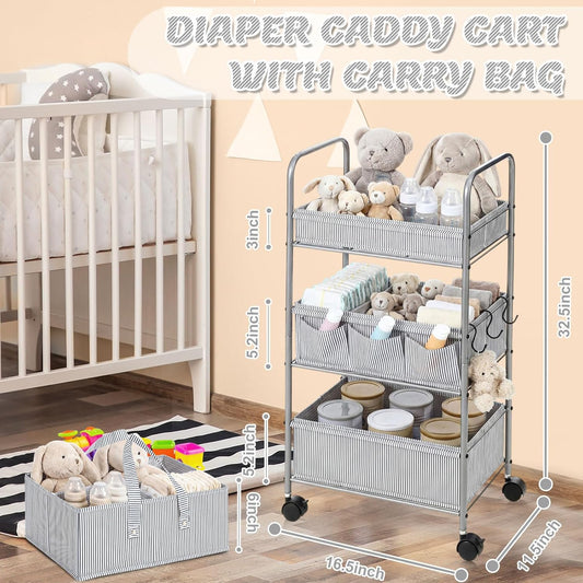 WILLBOND 2in1 Baby Diaper Caddy Organizer Cart, 3 Tier Large Capacity Metal Utility Bedside Rolling Cart with Divider for Newborn Registry Nursery Essential Must Have Gift Baby Shower Bedroom(Pink)