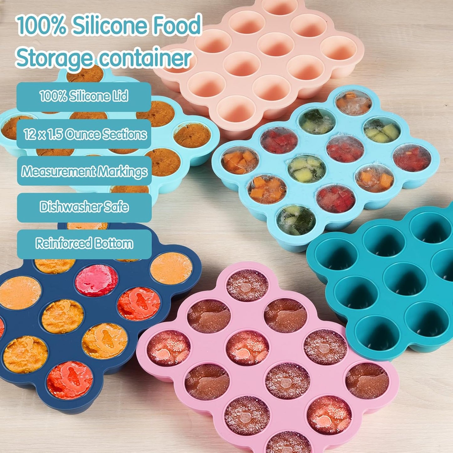 12x1.5oz Baby Food Storage Containers, Baby Food Freezer Tray with Clip Lid Gossamer Pink, Food Grade Silicone Freezer Trays for Purees & Vegetables