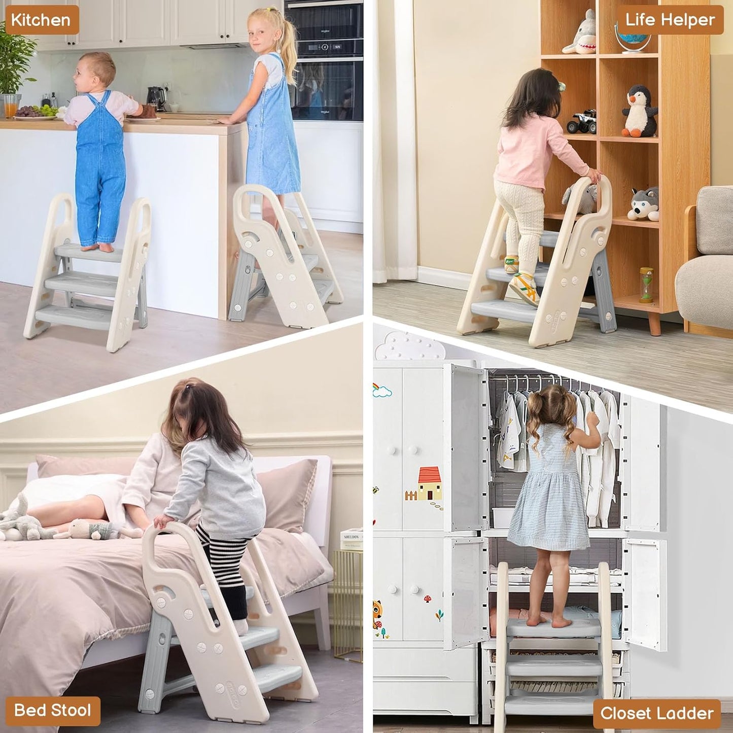 Onasti Foldable Toddler Step Stool for Bathroom Sink, Adjustable 3 Step Stool for Kids Toilet Potty Training Stool with Handles, Child Kitchen Counter Stool Helper, Plastic Ladder for Toddlers Pink
