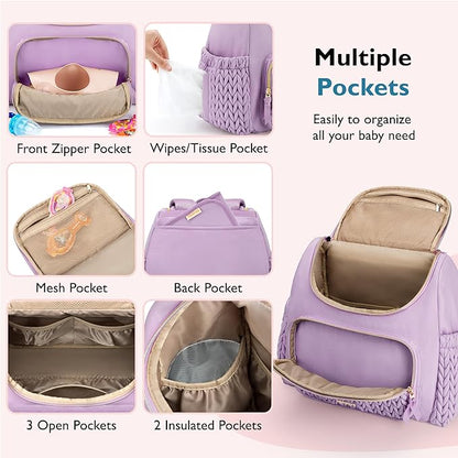 mommore Diaper Bag Backpack, Stylish Travel Baby Bag with Insulated Pockets, Changing Pad and Stroller Straps for Toddler (S-Purple, Small-17L)