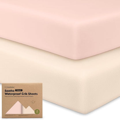 2-Pack Waterproof Crib Sheets for Boys, Girls - 52x28 Fitted Organic Cotton Baby Crib Sheets, Toddler Mattress Protector Cover, Washable, Soft & Durable Baby Bedding Essentials (Cameo)
