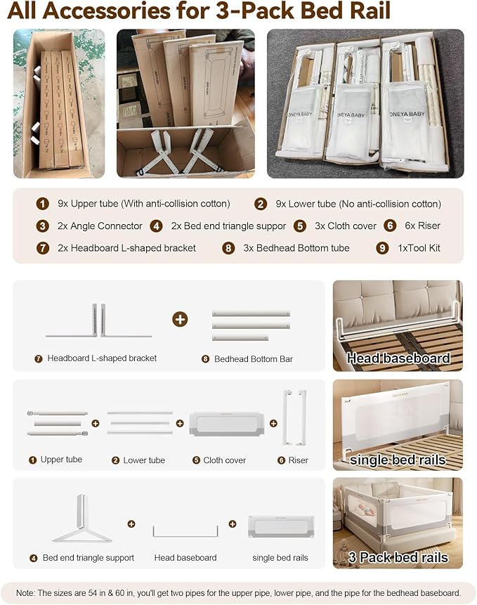 3 Piece Full Size Bed Rails for Toddlers, No-drill Needed Baby Bed Rail Guard with Height Adjustable, Thickened & Reinforced Child Safety Side Railing Guards/Bedrail for Kids,White/Grey, 54x74.8x74.8”