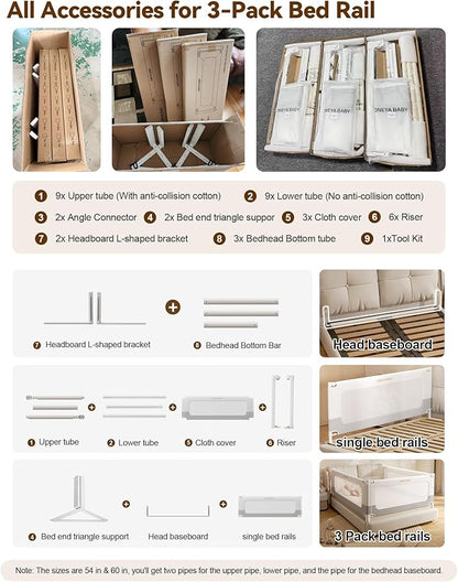 3 Piece Full Size Bed Rails for Toddlers, No-drill Needed Baby Bed Rail Guard with Height Adjustable, Thickened & Reinforced Child Safety Side Railing Guards/Bedrail for Kids,White/Grey, 54x74.8x74.8”