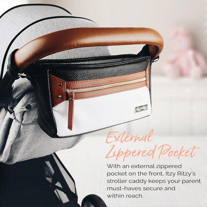 Itzy Ritzy Adjustable Stroller Caddy and Organizer Bag Featuring Front Zippered Pocket, 2 Built-In Interior Pockets & Adjustable Straps to Fit Nearly Any Stroller (Coffee and Cream)