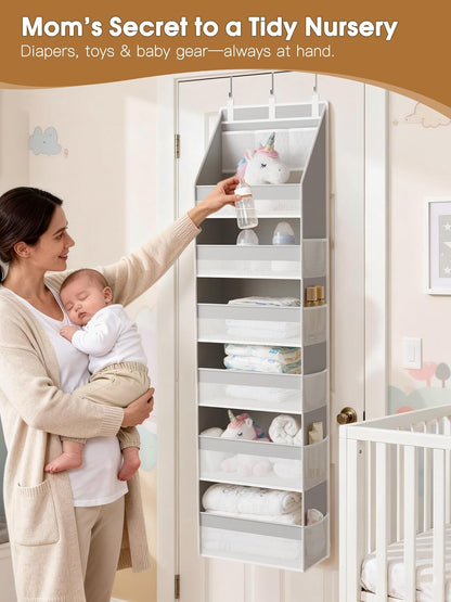 Criusia Over the Door Organizer, 6-Shelf Closet Hanging Storage with 13 Mesh Pockets, 55lbs Capacity Behind the Door Storage for Baby Nursery, Bathroom, Bedroom, and Dorm, Beige