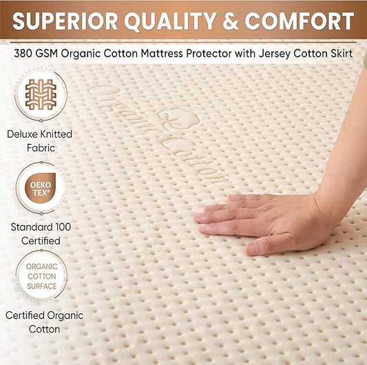 Luxury Organic Cotton Crib Mattress Pad - Skin Friendly, Waterproof, Breathable & Absorbent Mattress Protector - Ultra Thick 380GSM 3D Air Fabric - Fitted for Standard Baby Crib Size