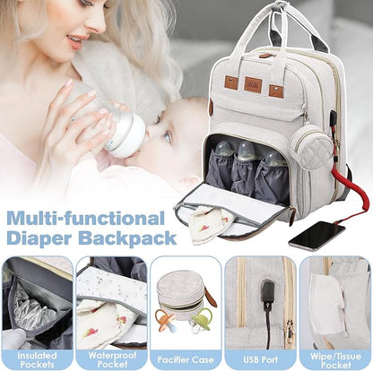 JSTPRO Diaper Bag Backpack, Large Diaper Bag with Changing Station, New Mom Gifts, Lightweight Waterproof Unisex Diaper Bag with Insulated Pockets and USB Charging Port, Beige