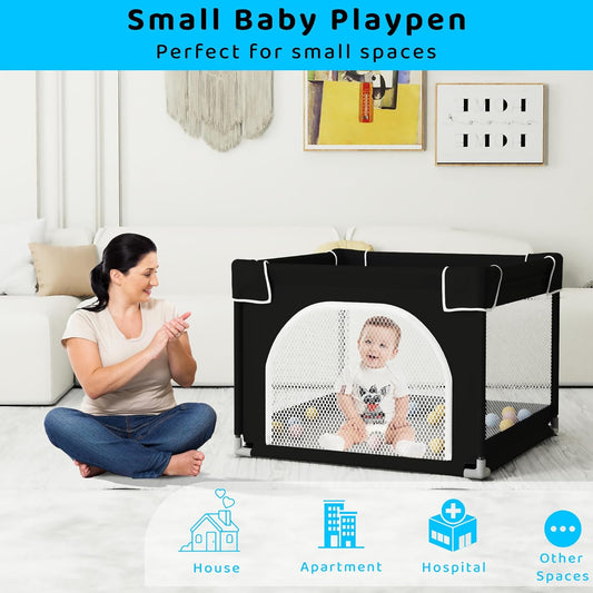 Grobeybees Playpen for Babies and Toddlers, Small Baby Playpen, Playard with Bag, Indoor & Outdoor Play Pen, Sturdy Safety Baby Play Yard with Soft Breathable Mesh(Black, 36x36 inches)