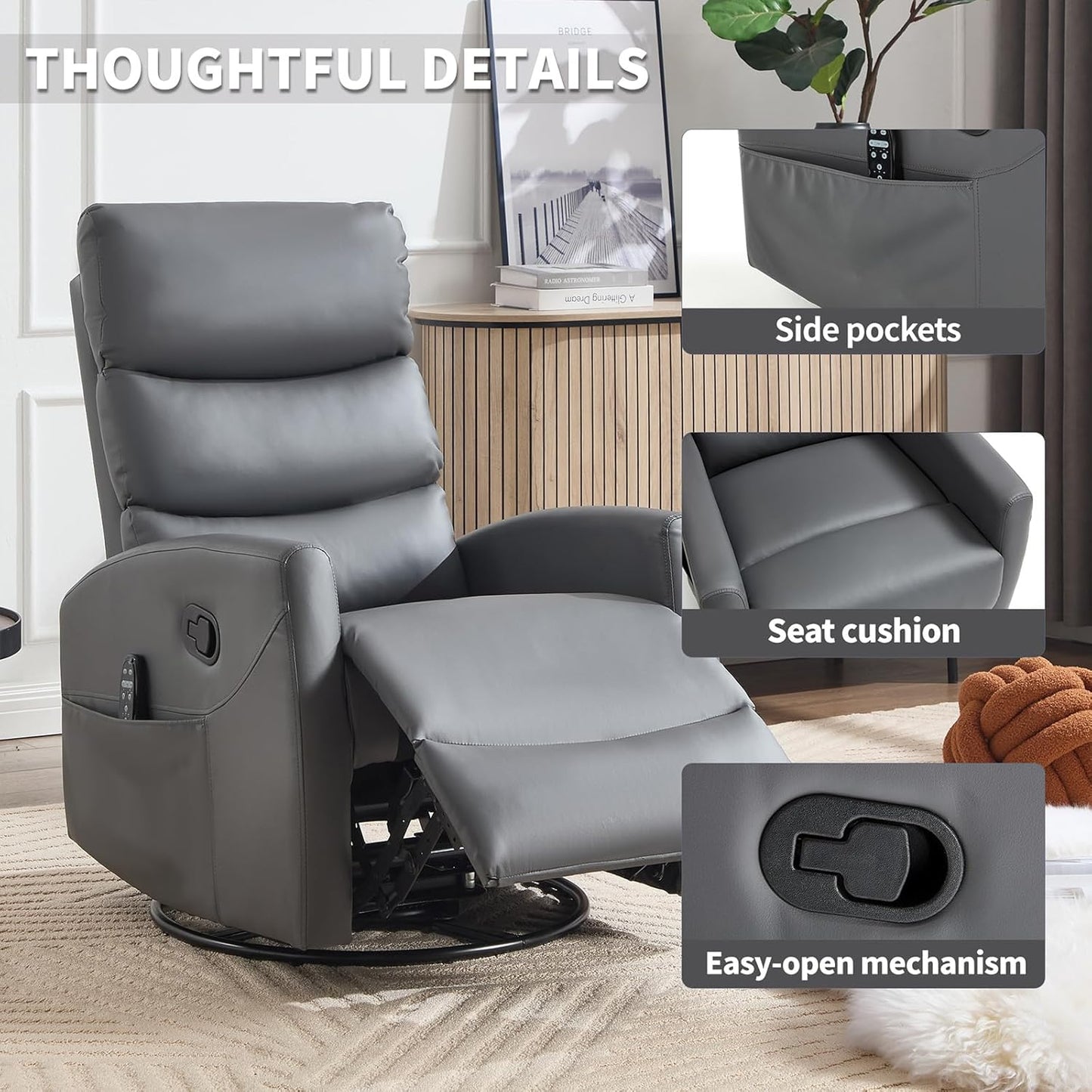Massage Chair Recliner with Heat, Swivel Rocking Chair Recliner with High Back, Manual Nursery Recliners for Adults,Small Recliner Chair for Small Spaces, Living Room Bedroom, Fabric (Blue Green)