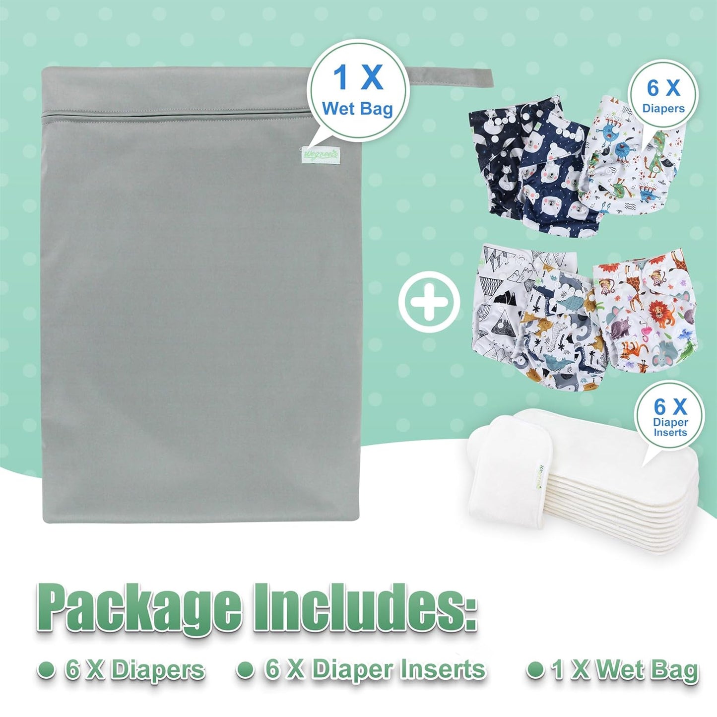 wegreeco Cloth Diapers 6 Pack with 6 Inserts & 1 Wet Bag, Washable Cloth Diapers for Babies, One Size Adjustable Reusable (Flower)