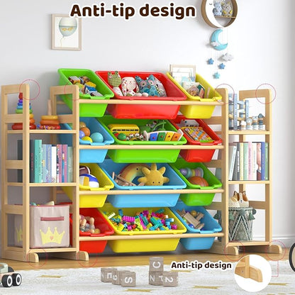 Large Toy Storage Organizer Kids Toy Organizer and Bookshelf Combo with 12 Bins and 6 Shelves Toy Organization Box Toy Shelf for Playroom, Bedroom, Nursery