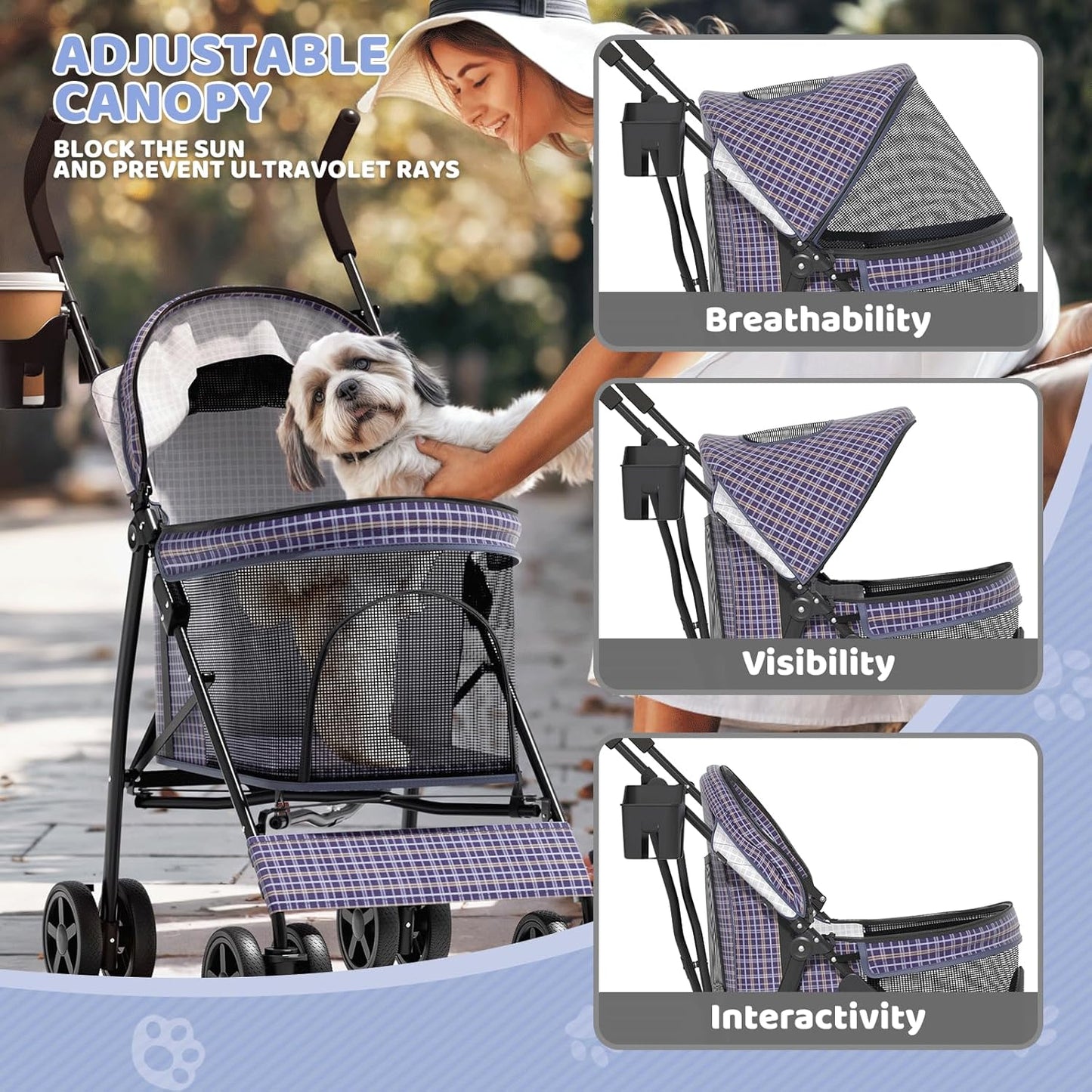 Magshion Compact Pet Stroller for Small-Medium Dogs/Cats up to 22lbs, 4-Wheel Lightweight Umbrella Shaped Portable Puppy Travel Jogger with Breathable Mesh, Cup Holder & Rear Storage, Black