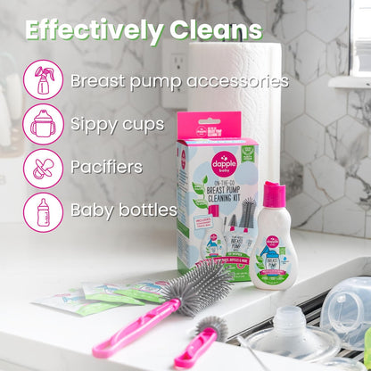 Dapple Breast Pump Cleaning Kit, 3 Baby Bottle Cleaning Brushes, Hypoallergenic & Powered by Plants, Removes Milk Residue, Leaves No Taste, 3oz Soap, 10ct Wipes 3 Cleaning Brushes