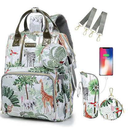 Tropical Rainforest Diaper Bag Backpack,Animal Nappy Backpack with Coin Bag USB Charging Port Stroller Straps and Insulated Pocket For Women/Mom/Travel (Animal Pattern)