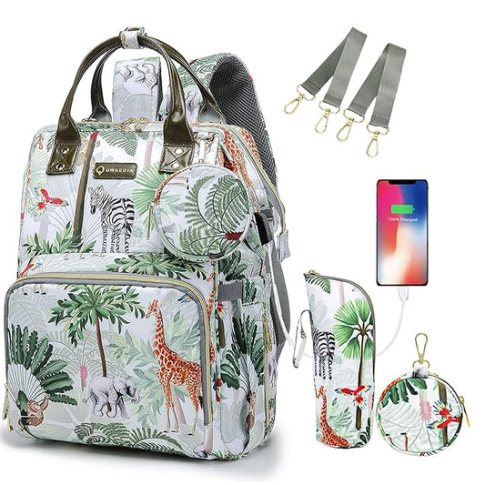 Tropical Rainforest Diaper Bag Backpack,Animal Nappy Backpack with Coin Bag USB Charging Port Stroller Straps and Insulated Pocket For Women/Mom/Travel (Animal Pattern)