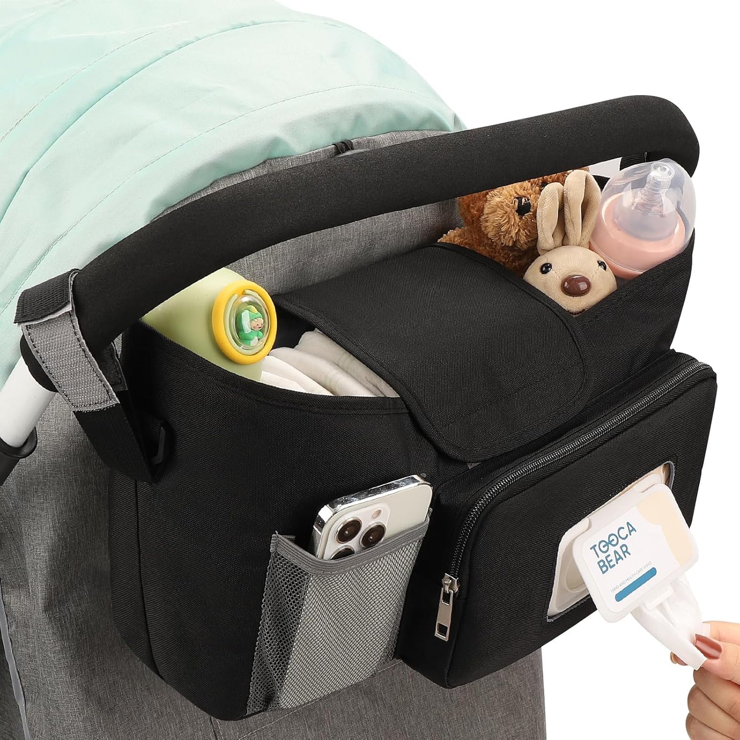 Accmor Universal Stroller Organizer with Insulated Cup Holder, Stroller Caddy Bag Accessories, Stroller Cup Holder Organizer for Uppababy Baby Jogger Britax Stroller, Black