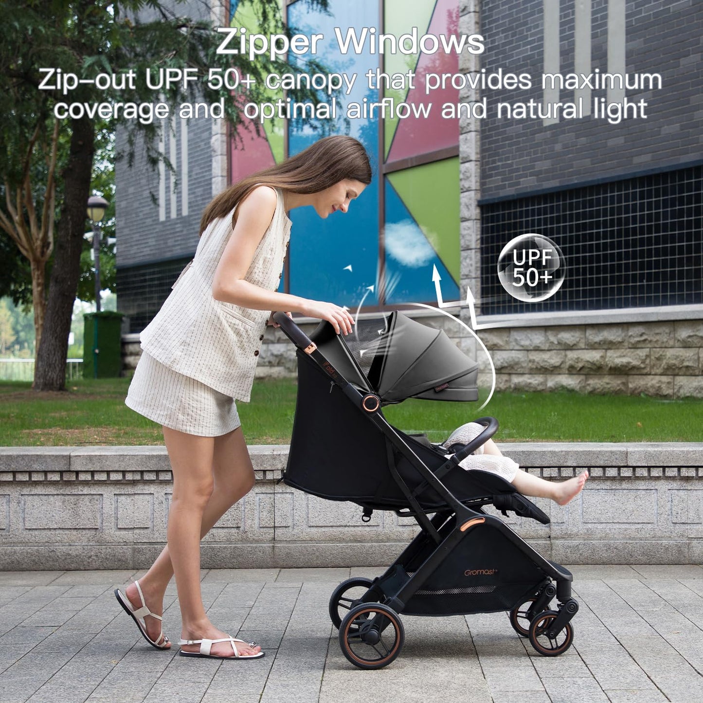 Gromast Gravity Folding Baby Stroller - Portable Travel Toddler Stroller w/Adjustable Backrest, Canopy & Cup Holder, Lightweight and UV Protected, One-Hand Automatic Folding - Green