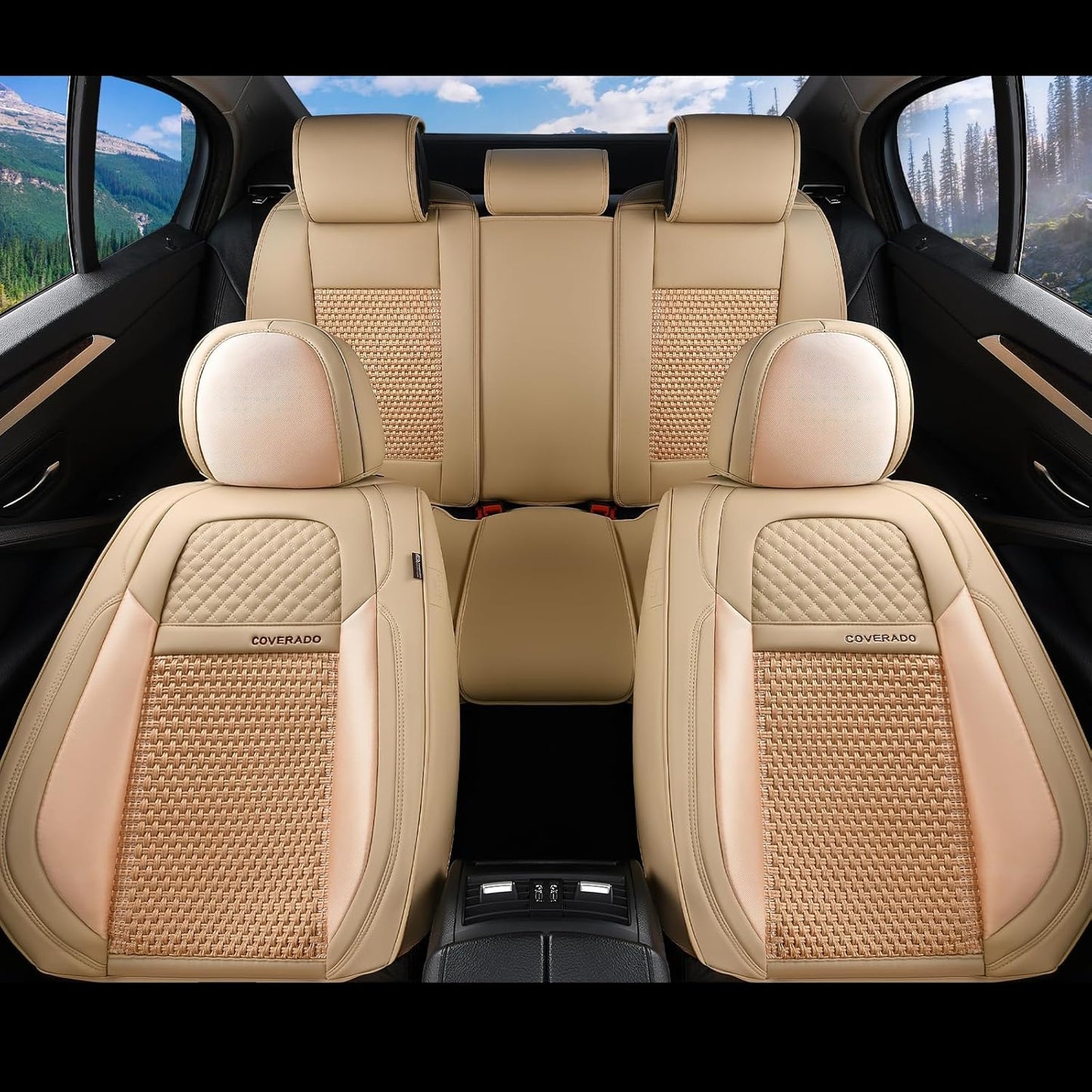 Coverado Leather Seat Covers for Car, Waterproof Car Seat Covers Full Set, 2 in 1 Conversions Car Seat Cover Protector Car Accessories Universal Fit for Most Cars SUVs and Trucks Beige