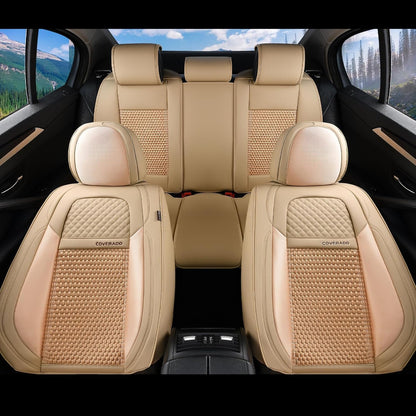 Coverado Leather Seat Covers for Car, Waterproof Car Seat Covers Full Set, 2 in 1 Conversions Car Seat Cover Protector Car Accessories Universal Fit for Most Cars SUVs and Trucks Beige