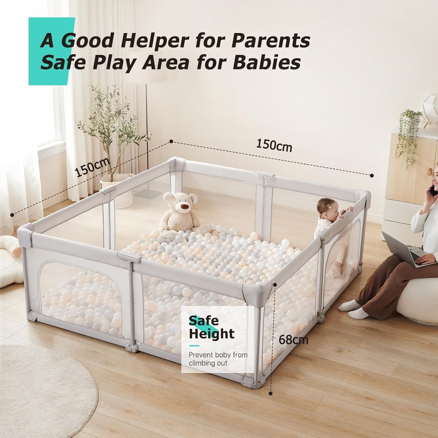 Doradotey Baby Playpen, Quick Setup Portable Baby Playard for Babies and Toddlers, Foldable Playpen Fence Indoors & Outdoor, Breathable Mesh Anti-Fall Play Pen 71x71, Grey