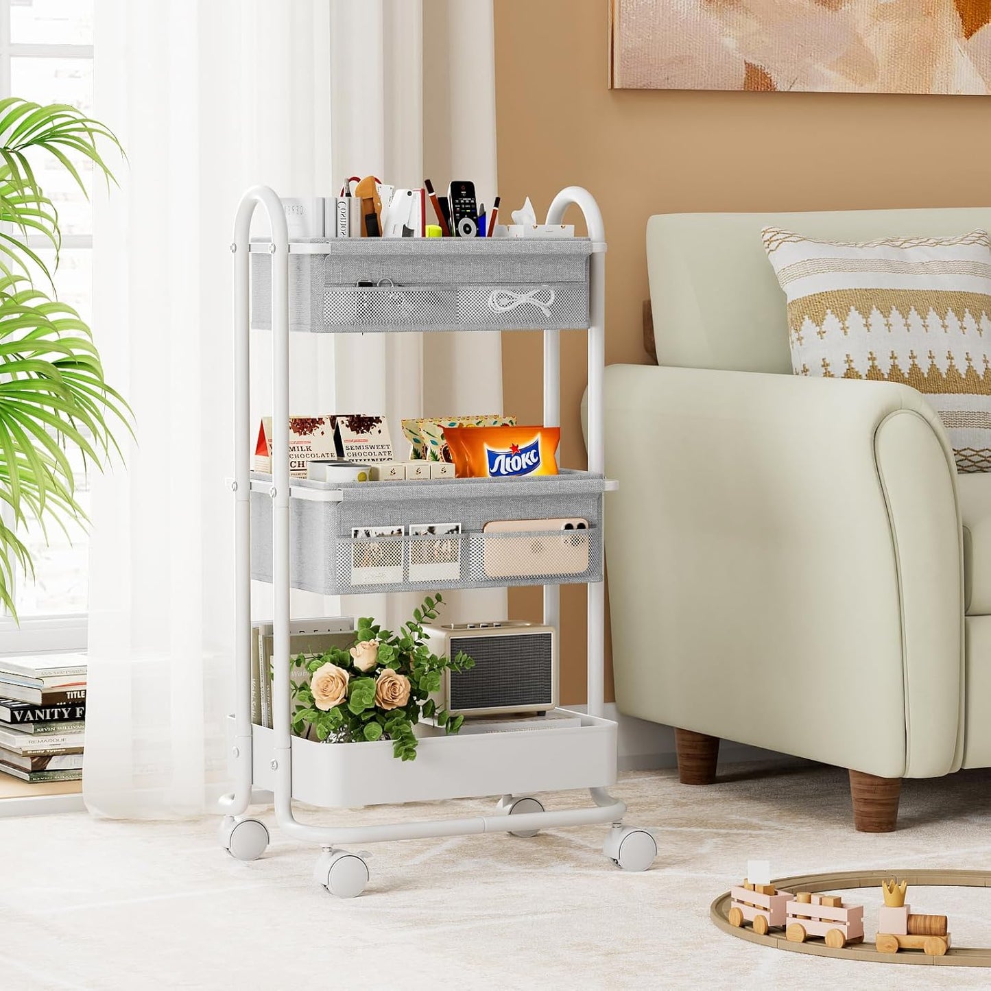 Modanais Baby Diaper Caddy Organizer Cart - 3 Tier Rolling Storage Cart with Wheels, Baby Essentials for Nursery Storage, Detachable Dividers - for Crib, Bedroom, Art & Craft Organizer (Black)