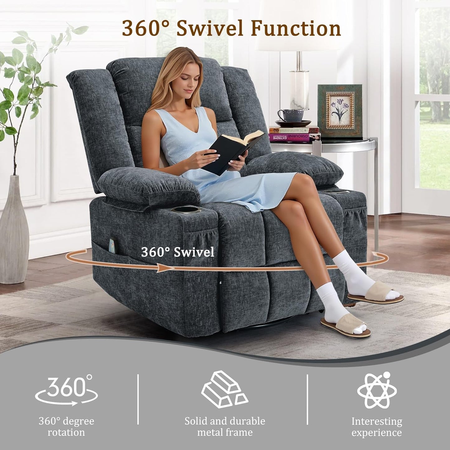 Korser 360° Swivel Rocker Recliner for Adults, Nursery Glider Recliner with Massage and Heating, Rocking Chair with Cup Holder, Manual Recliner Chair for Living Room, Bedroom (Fabric, Beige)
